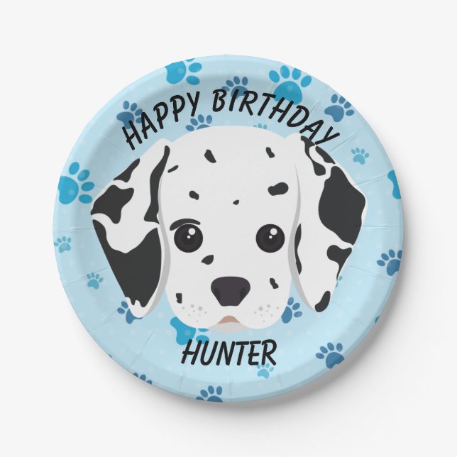 Assiettes En Carton Joyeux anniversaire Dalmatien Empreinte de patte b (Devant)