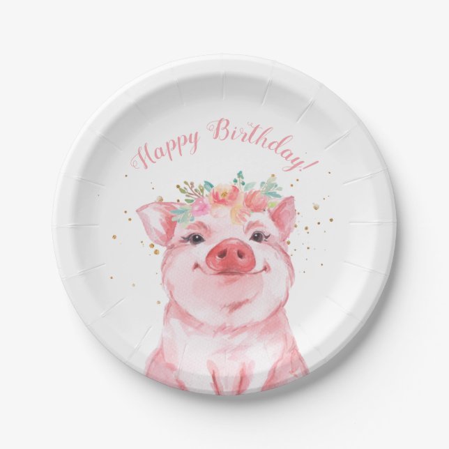 Assiettes En Carton Joyeux Anniversaire de porc à l'aquarelle (Devant)