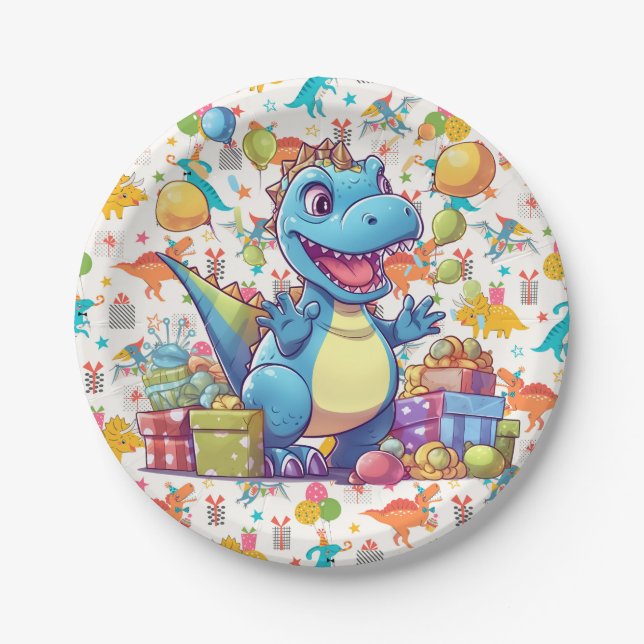 Assiettes En Carton Joyeux Anniversaire Dinosaure  (Devant)