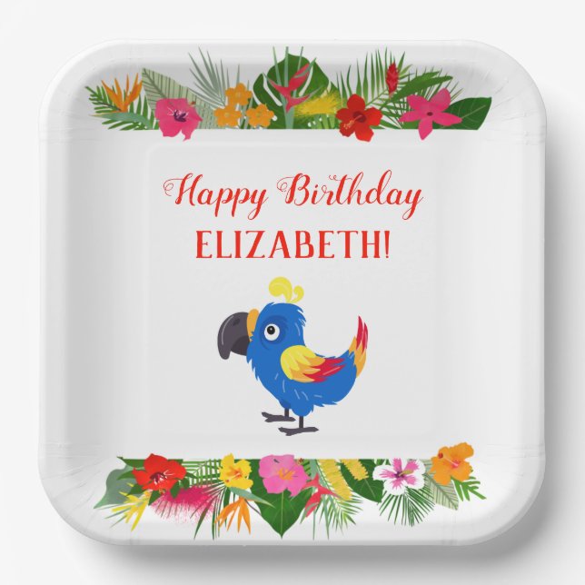 Assiettes En Carton Joyeux Anniversaire du perroquet tropical (Recto)