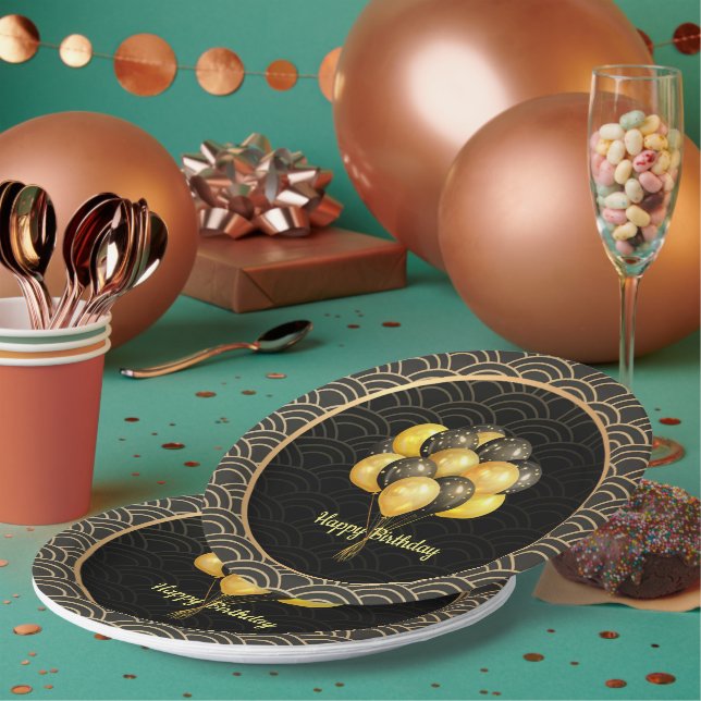 Assiettes En Carton Joyeux anniversaire, élégant noir et or, (Multi)