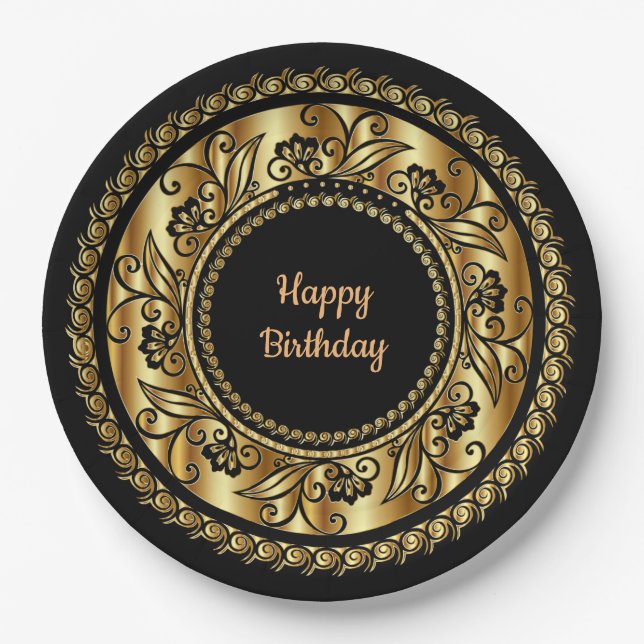 Assiettes En Carton Joyeux anniversaire, élégant noir et or, (Devant)