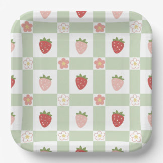 Assiettes En Carton Joyeux Anniversaire Enfant avec Fraises à Carreaux