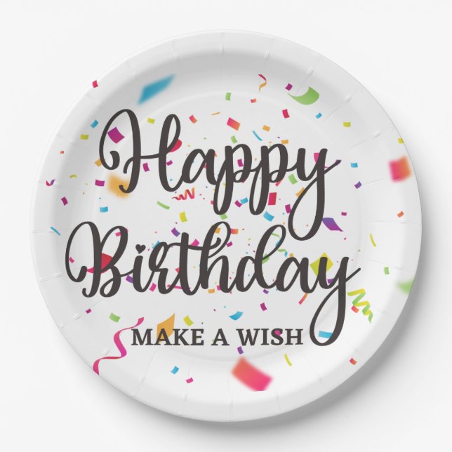 Assiettes En Carton Joyeux anniversaire FAIRE UN SOUHAIT avec Confetti (Devant)