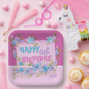 Assiettes En Carton Joyeux anniversaire Floral rose violet Pois