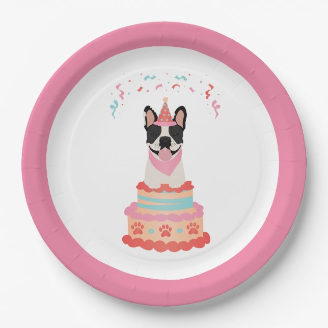 Assiettes En Carton Joyeux anniversaire français Bulldog Party Casquet (Devant)