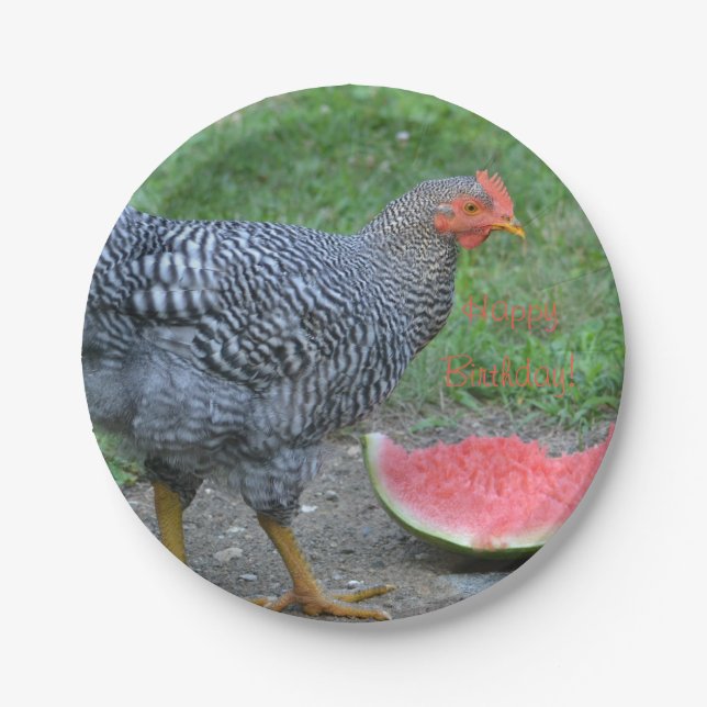 Assiettes En Carton Joyeux Anniversaire Le poulet aime la pastèque (Devant)