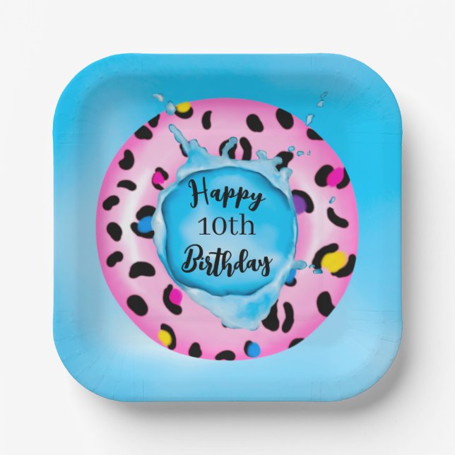 Assiettes En Carton Joyeux anniversaire Leopard Float Splash âge perso (Recto)