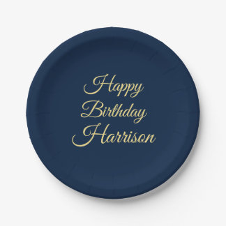 Assiettes En Carton Joyeux anniversaire marine bleu or script personna