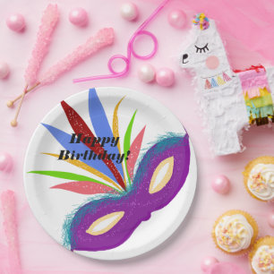 Assiettes En Carton Joyeux Anniversaire Masque Violet Mascarade