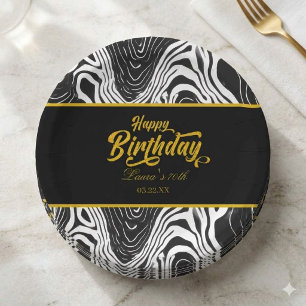Assiettes En Carton Joyeux Anniversaire Moderne Agate Noir & Or