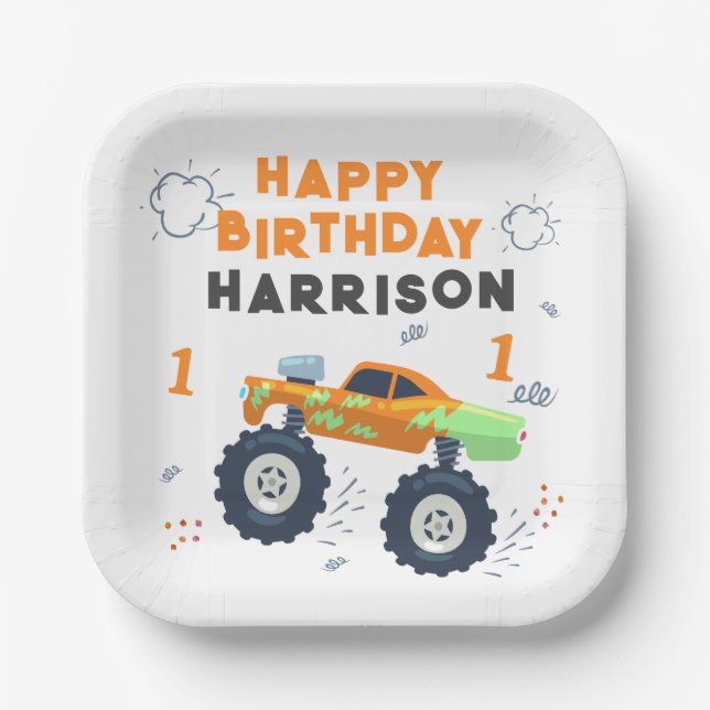 Assiettes En Carton Joyeux Anniversaire Moderne Monster Car Trucks Nom (Recto)