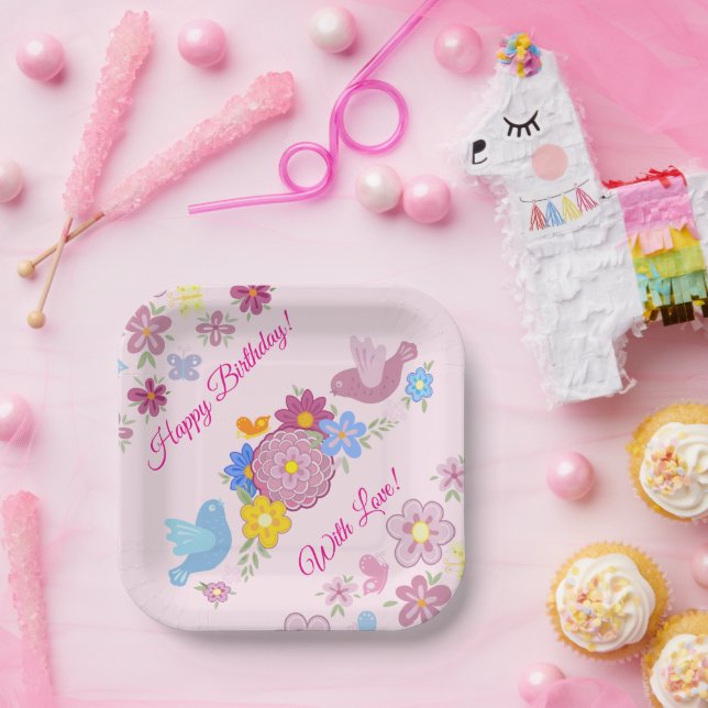 Assiettes En Carton Joyeux Anniversaire Motif Fleurs Sauvages Oiseaux  (Fête)
