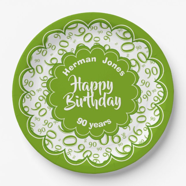 Assiettes En Carton Joyeux anniversaire motif vert et blanc (Devant)