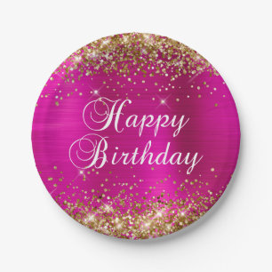 Assiettes En Carton Joyeux Anniversaire Paillettes Or Rose Chaud