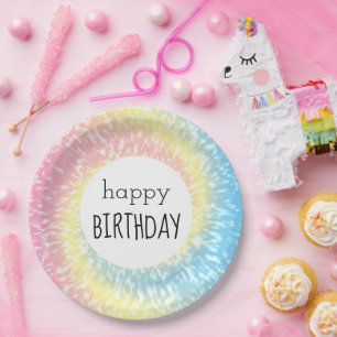 Assiettes En Carton Joyeux anniversaire Pastel Tie Dye Hippie Swirl
