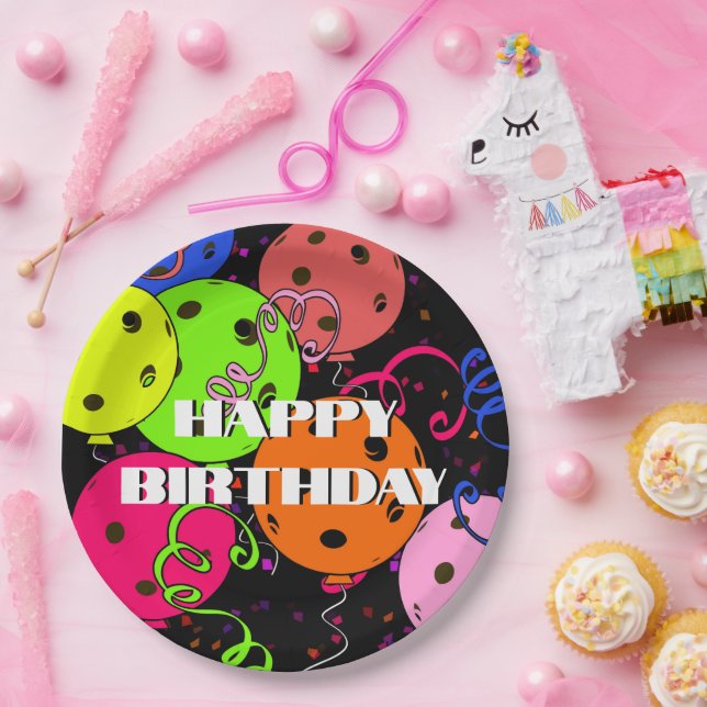 Assiettes En Carton Joyeux Anniversaire Pickleball Ballons Confetti No (Fête)