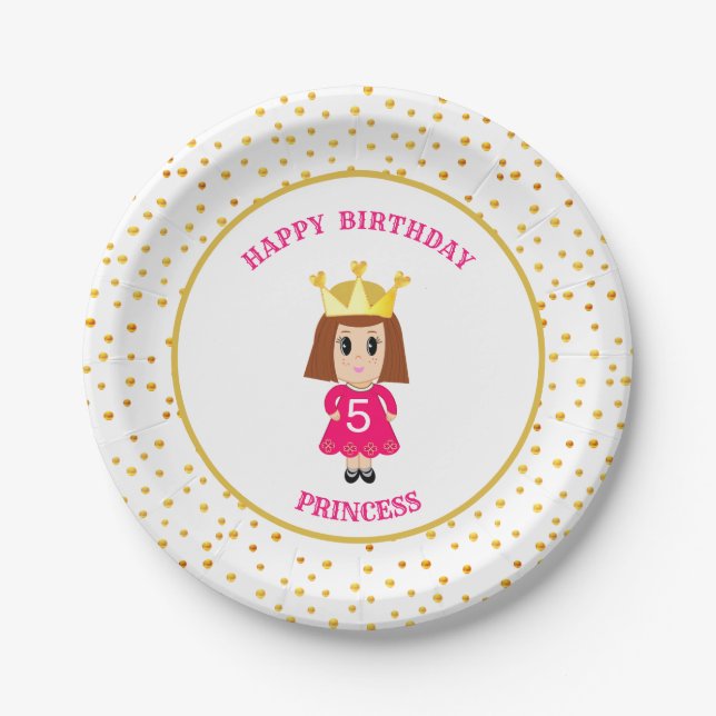 Assiettes En Carton Joyeux anniversaire Princesse & Gold Confetti (Devant)