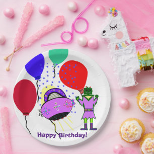 Assiettes En Carton Joyeux Anniversaire Robot Vert Fusée Rose Violet