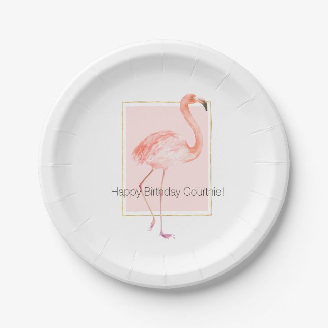 Assiettes En Carton Joyeux anniversaire rose de Flamant rose (Devant)