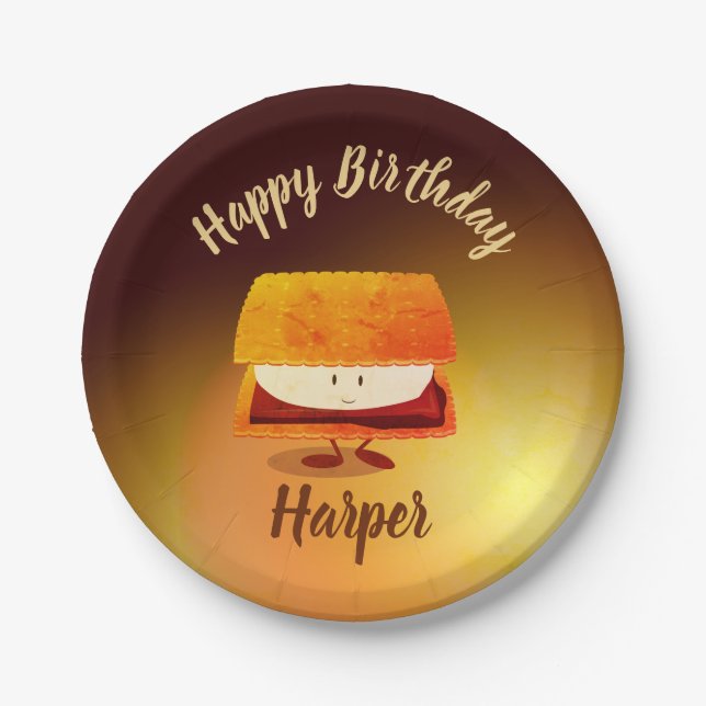 Assiettes En Carton Joyeux Anniversaire S’more Nom Plaques Papier (Devant)