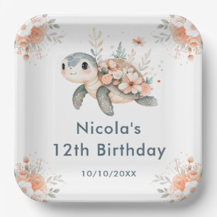 Assiettes En Carton Joyeux Anniversaire Tortue Florale Mignonne