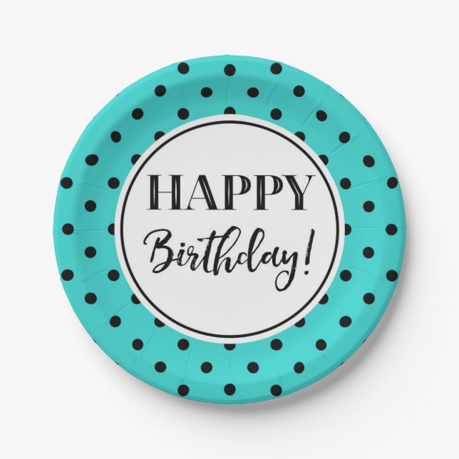 Assiettes En Carton Joyeux Anniversaire Turquoise White Black Dots (Devant)