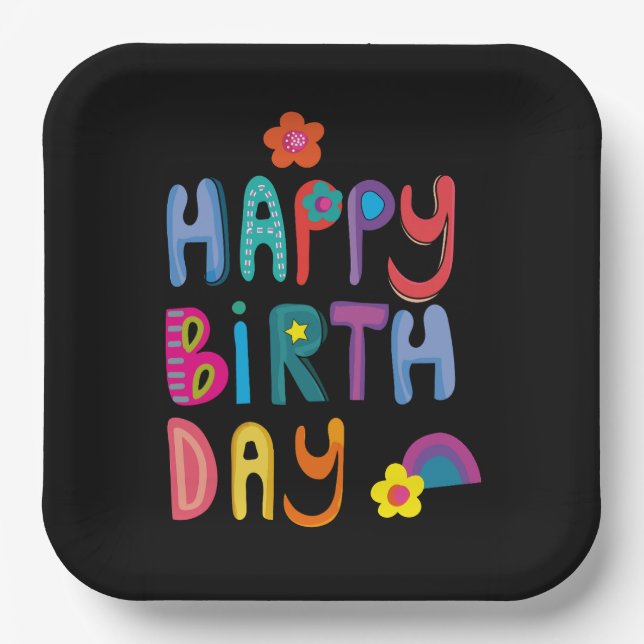 Assiettes En Carton Joyeux Anniversaire Typographie colorée (Recto)