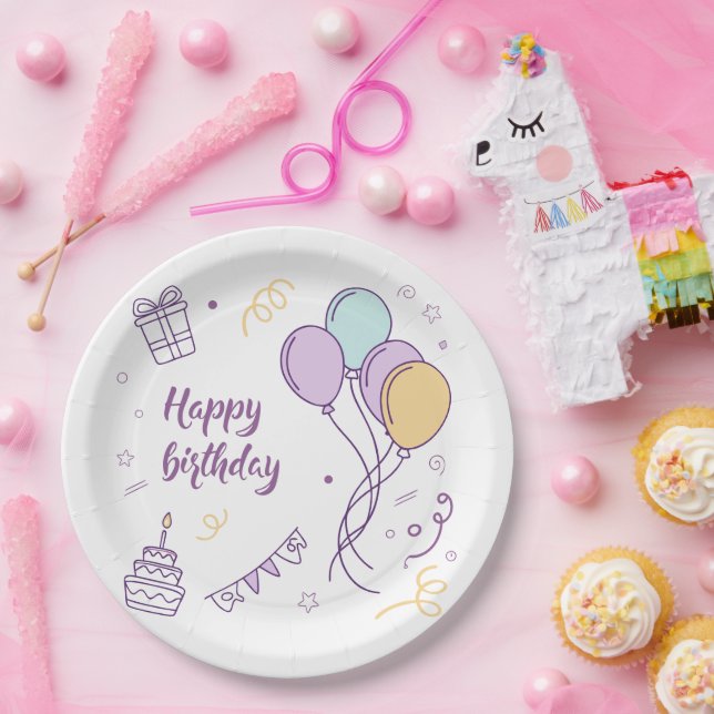 Assiettes En Carton ✨ Joyeux Anniversaire Wonderland - Pastel Balloon  (Fête)