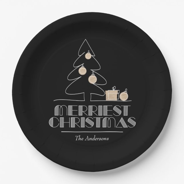 Assiettes En Carton Joyeux arbre de Noël noir (Devant)