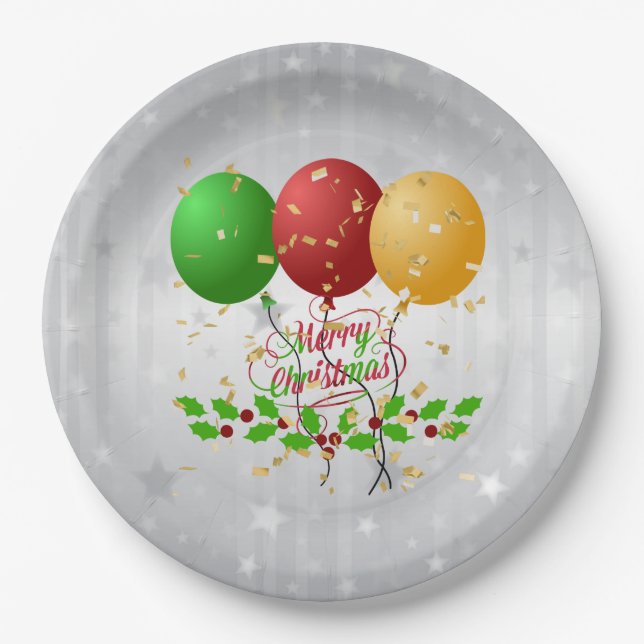Assiettes En Carton Joyeux Ballons de Noël et Confetti (Devant)