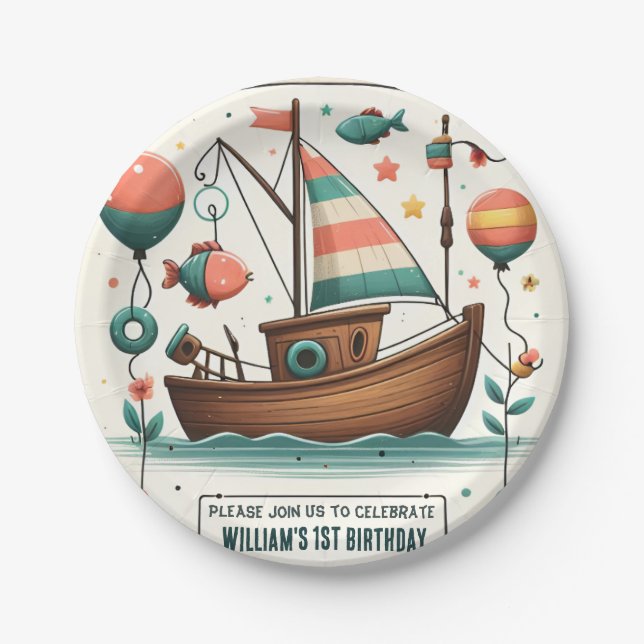 Assiettes En Carton joyeux bateau mignon garçon Poisson d'un 1er anniv (Devant)