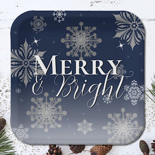 Assiettes En Carton Joyeux bleu et flèches de neige brillantes Noël