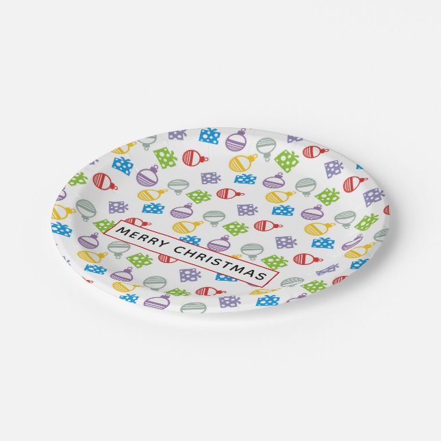 Assiettes En Carton Joyeux cadeaux de Noël et boules motif (Angle)