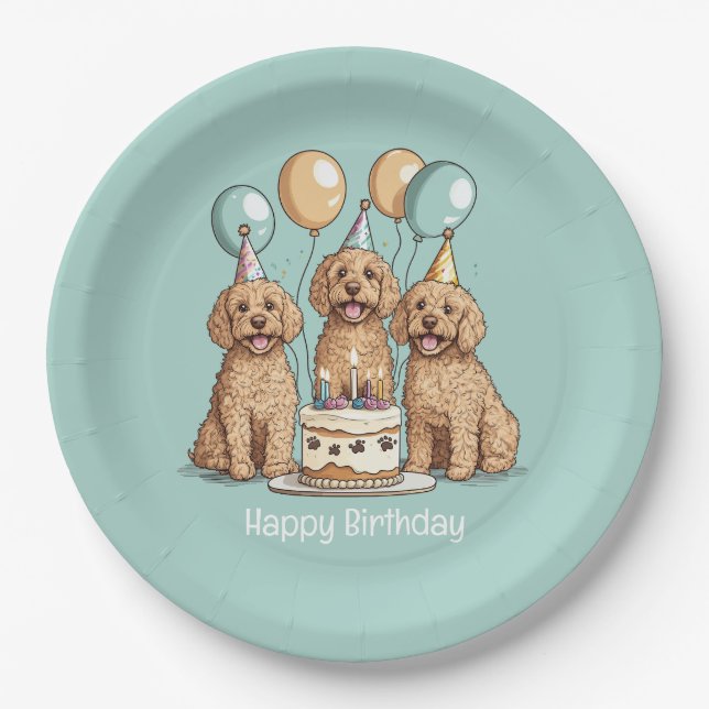 Assiettes En Carton Joyeux Chiens Goldendoodle Anniversaire (Devant)