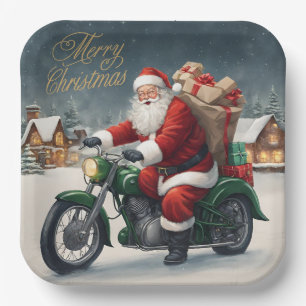 Assiettes En Carton Joyeux Cool de Noël Vintage Père Noël sur moto