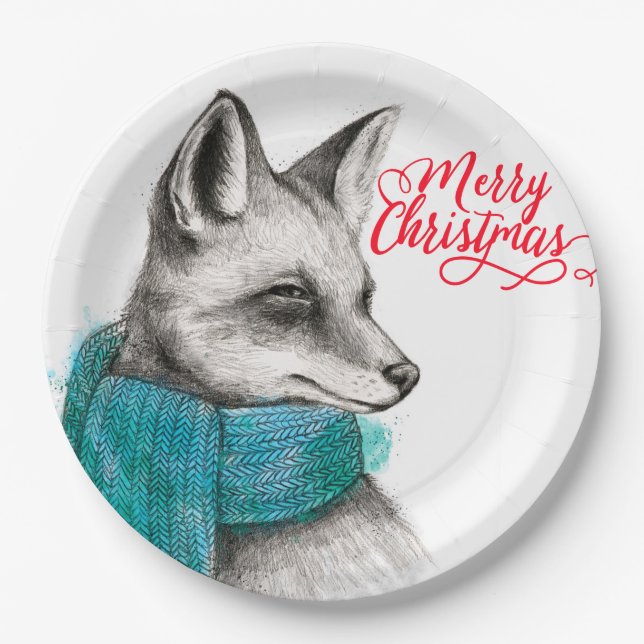 Assiettes En Carton Joyeux dessin de renard de Noël (Devant)