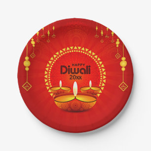 Assiettes En Carton Joyeux Diwali 20xx Ajouter année ou texte rouge ja