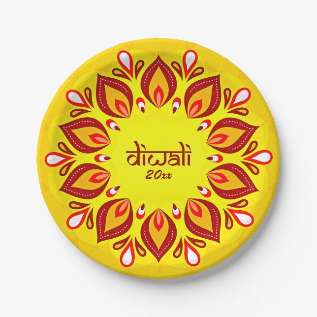Assiettes En Carton Joyeux Diwali Ajouter année Jaune Rouge 7" (Devant)