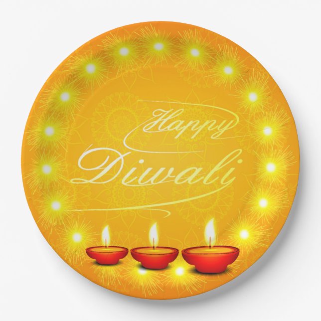 Assiettes En Carton Joyeux Diwali Jaune 9" (Devant)