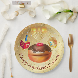Assiettes En Carton Joyeux Donuts de vacances Hanoukka et Menorah Gold