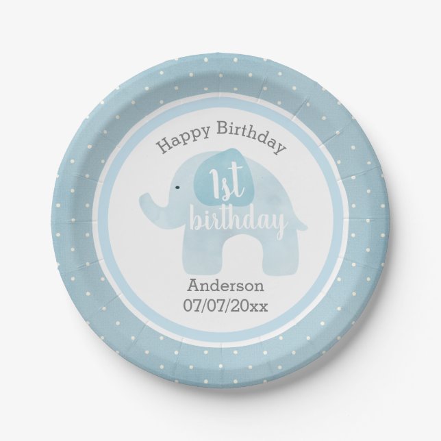 Assiettes En Carton Joyeux ęr anniversaire d'éléphant bleu (Devant)