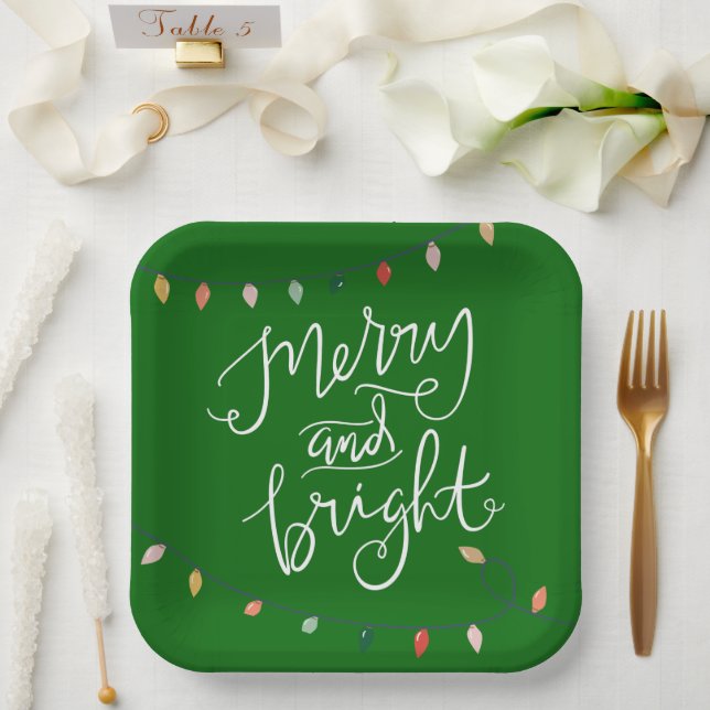 Assiettes En Carton Joyeux et brillants feux de Noël Vert (Mariage)