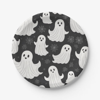 Assiettes En Carton Joyeux Fantôme d'Halloween noir et blanc