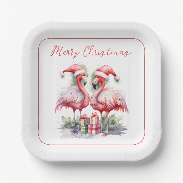 Assiettes En Carton Joyeux Flamants roses roses de Noël (Recto)