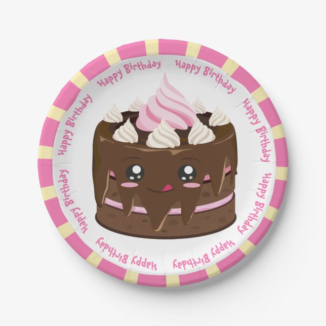Assiettes En Carton Joyeux gâteau kawaii au chocolat d'anniversaire (Devant)