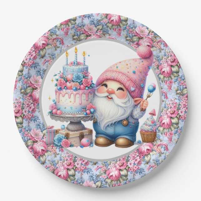 Assiettes En Carton Joyeux Gnome d'anniversaire (Devant)
