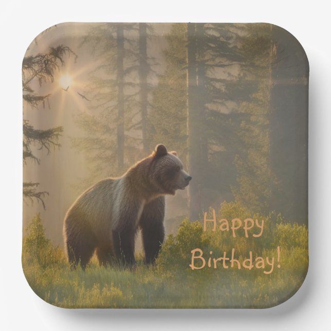 Assiettes En Carton Joyeux Grizzly Bear d'anniversaire (Recto)