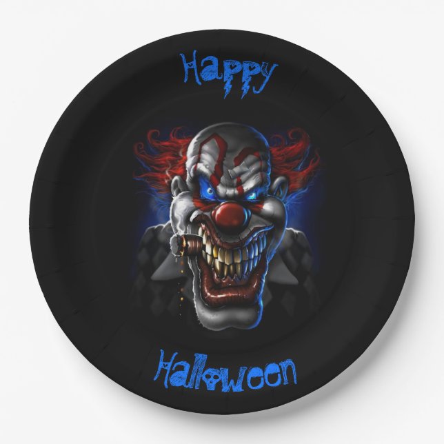 Assiettes En Carton Joyeux Halloween bleu yeux mal Clown (Devant)