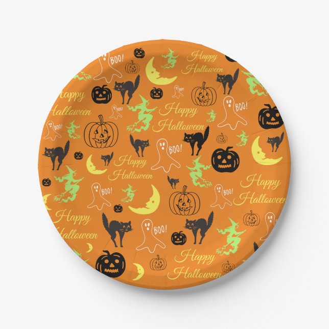 Assiettes En Carton Joyeux Halloween Citrouille Ghost Witch Moon Orang (Devant)
